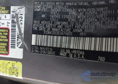 2014 Toyota Sienna Le V6 8 Passenger from USA, damaged, VIN 5TDKK3DC6ES474855